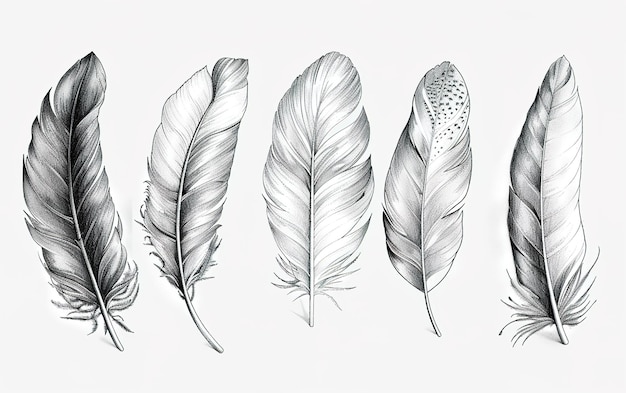 Photo handdrawn pencil illustrations of feathers isolated on a white background