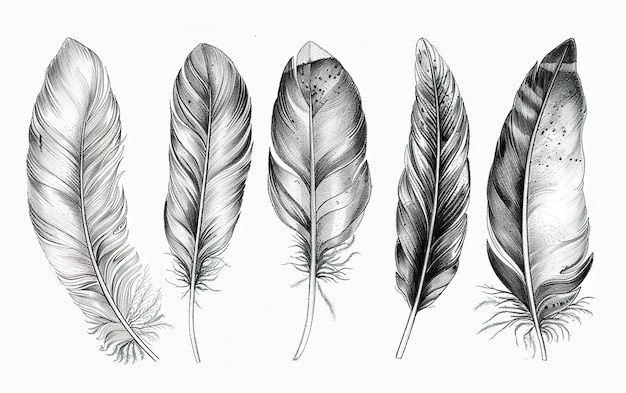 Photo handdrawn pencil illustrations of feathers isolated on a white background