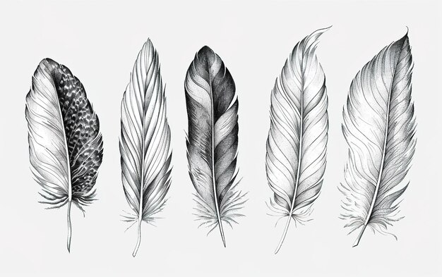 Photo handdrawn pencil illustrations of feathers isolated on a white background