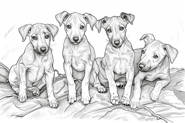 Handdrawn pencil sketch of four cute puppies