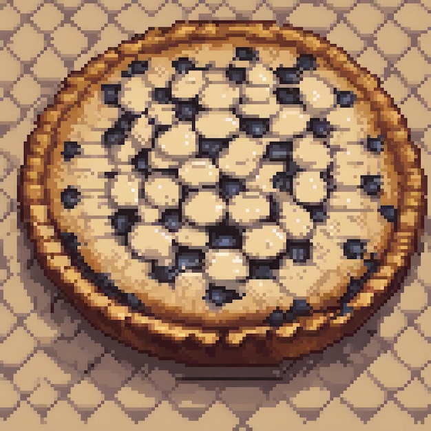 Photo handdrawn pixel art of a delicious blueberry pie on a classic tiled floor