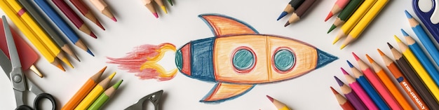 Photo handdrawn rocket ship made with colored pencils and art supplies