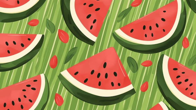 Photo handdrawn seamless pattern featuring cute watermelon slices on a green striped background