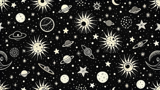 Photo handdrawn seamless pattern with celestial bodies on dark background