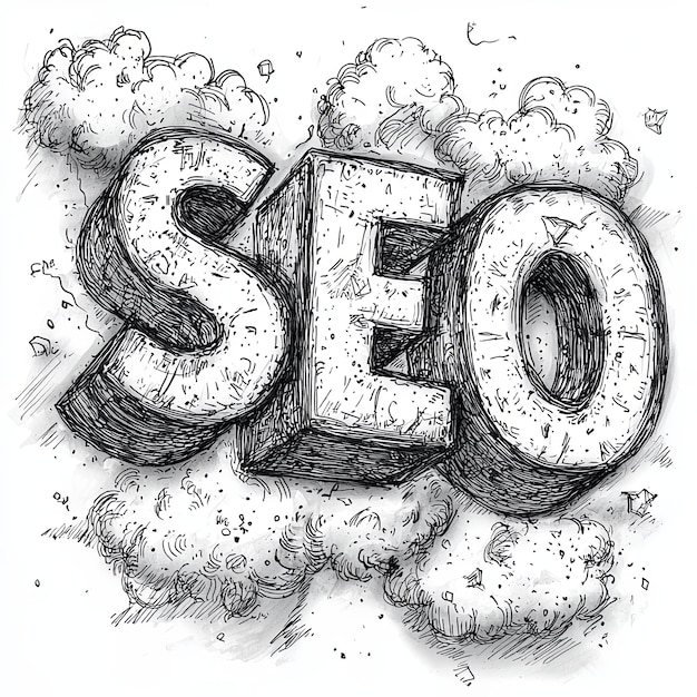 Handdrawn SEO lettering with dynamic smoke effect illustration