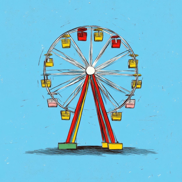 Photo handdrawn sketch of a colorful ferris wheel against a blue sky