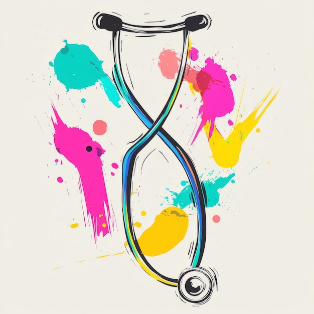 Photo handdrawn stethoscope with colorful paint splatter