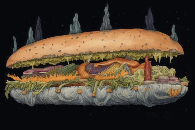 Photo handdrawn sub with cheese lettuce tomato and pickles