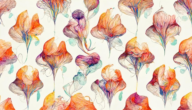 Handdrawn summer floral background Botanical seamless background of abstract flowers Sketch drawing Vintage style