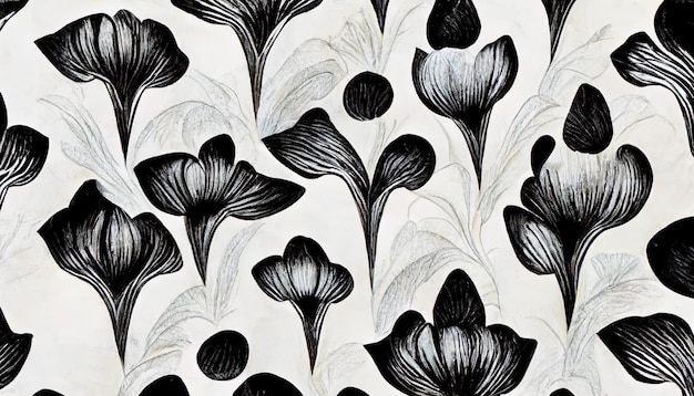 Handdrawn summer floral background Botanical seamless background of abstract flowers Sketch drawing Vintage styleBlack and white