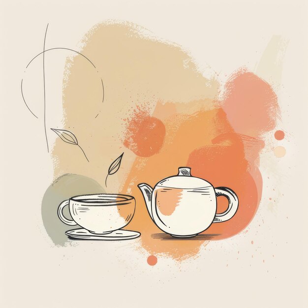 Photo handdrawn tea set illustration with watercolor background for cozy artistic corner