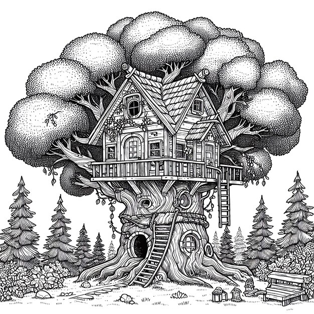 Photo handdrawn treehouse illustration printable coloring page for kids