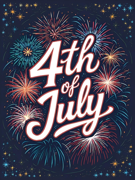 Handdrawn typography design with 4th of July written in festive script surrounded by fireworks