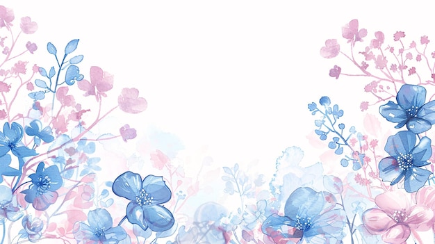 A handdrawn watercolor banner with a charming border of blue and pink flowers The floral decoration is intricately detailed with each bloom and leaf painted in delicate pastel shades The design