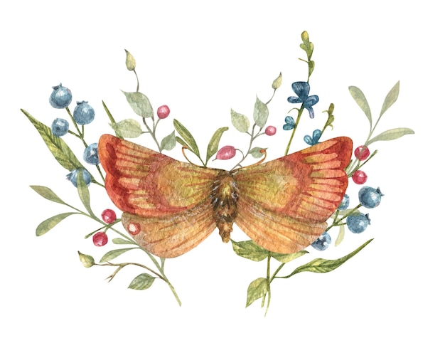 Handdrawn watercolor butterfly moth with wildflowers