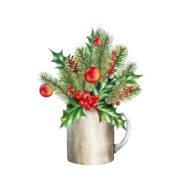 handdrawn watercolor illustration of a New Years mug with Christmas tree branches and balls