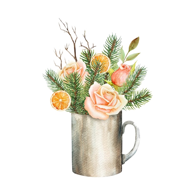 handdrawn watercolor illustration of a New Years mug with roses Christmas tree branches and balls