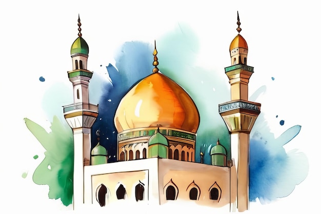 HandDrawn Watercolor Mosque Illustration Beautiful Islamic Mosque Design Perfect for Greeting Cards