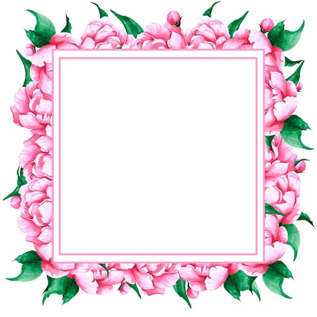 Handdrawn Watercolor pink peony flowers leaves frame boarder on white background wedding card