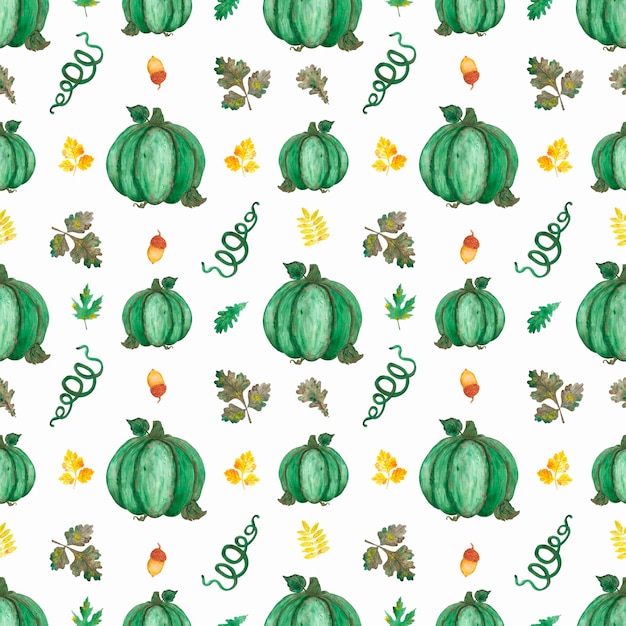 Handdrawn watercolor pumpkin leaves seamless pattern on white for textile Thanksgiving design banner