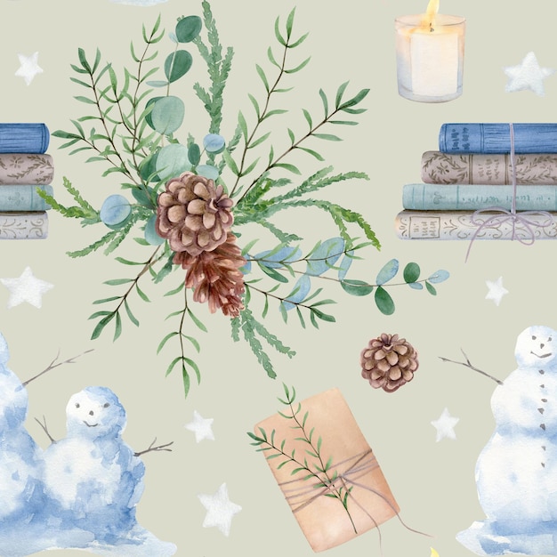 Handdrawn watercolor winter seamless pattern with snowmen and books