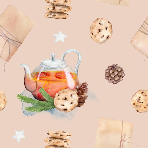 Handdrawn watercolor winter seamless pattern with tea and cookies