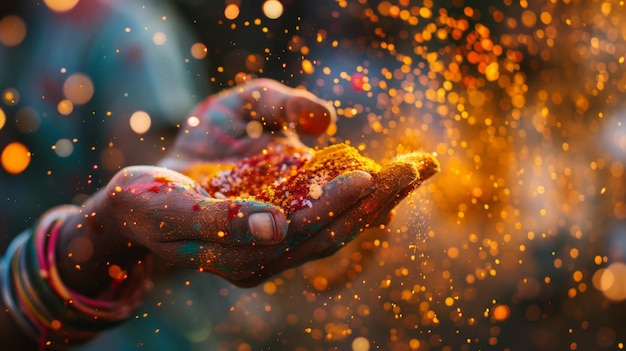 Handful of colorful powder during the Hindu holiday Diwali