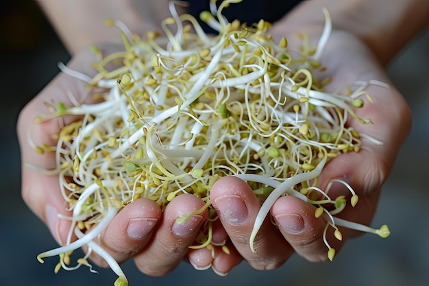 A handful of fresh vibrant bean sprouts