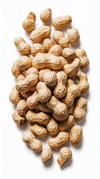 Handful of peanuts in nutshell isolated on white background Whole nuts and peeled kernels