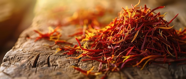 Handful of saffron threads on a rustic surface warm and inviting light