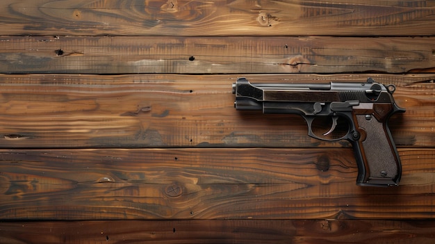 A handgun resting on a rustic wooden table invoking themes of safety danger or law enforcement