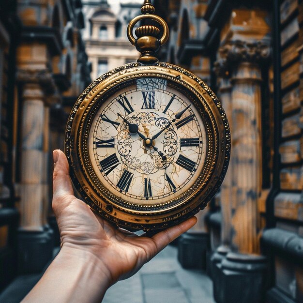 Photo handheld antique clock with ornate brick pillars