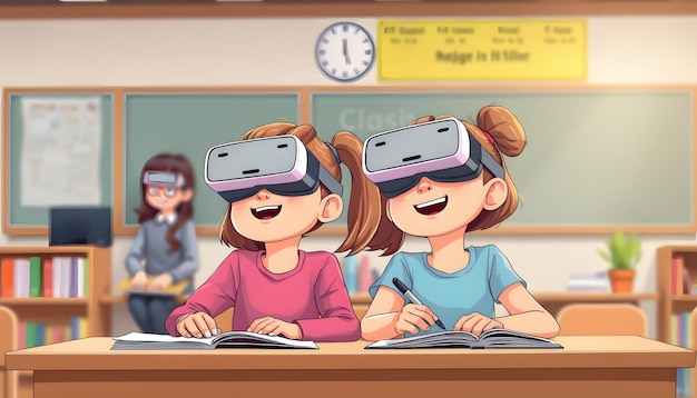 Photo handheld shot of two little girls in vr glasses studying at group class with teacher at school