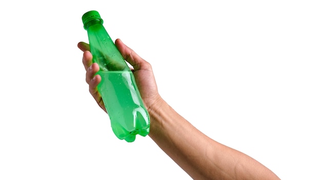 Handholding green plastic bottle isolated white background