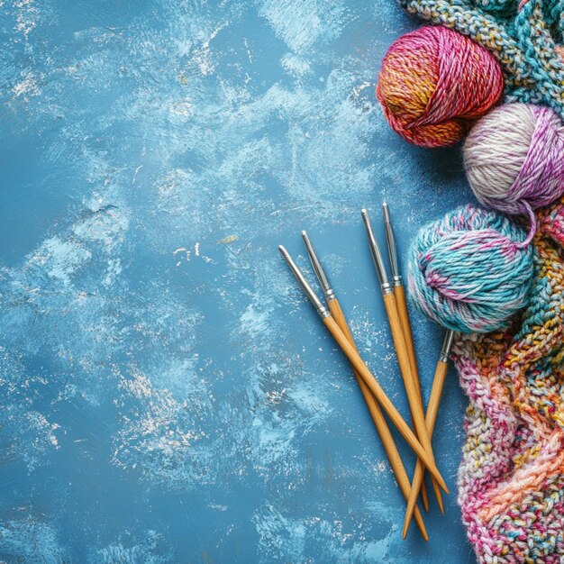 Photo a handicraft background features knitting needles paired with colorful wool yarn