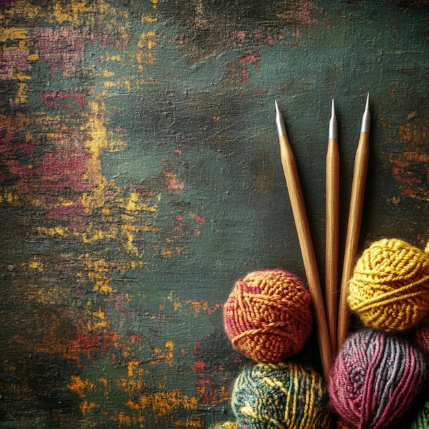 Photo a handicraft background features knitting needles paired with colorful wool yarn