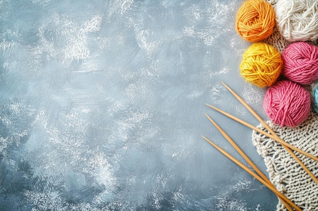 Photo a handicraft background features knitting needles paired with colorful wool yarn