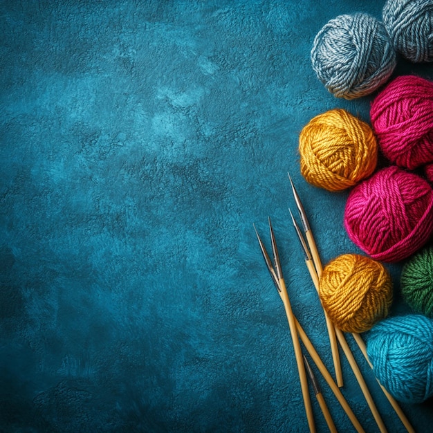 Photo a handicraft background features knitting needles paired with colorful wool yarn