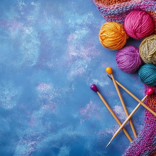 Photo a handicraft background features knitting needles paired with colorful wool yarn