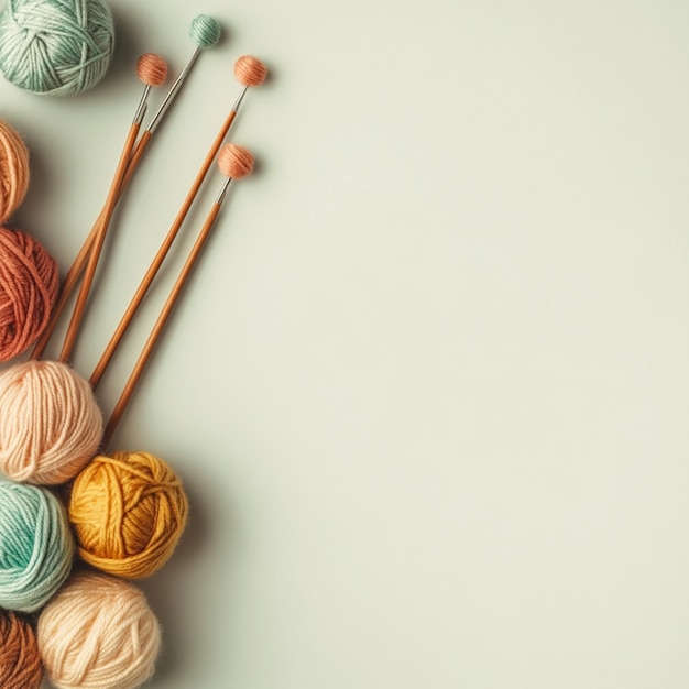 Photo a handicraft background features knitting needles paired with colorful wool yarn