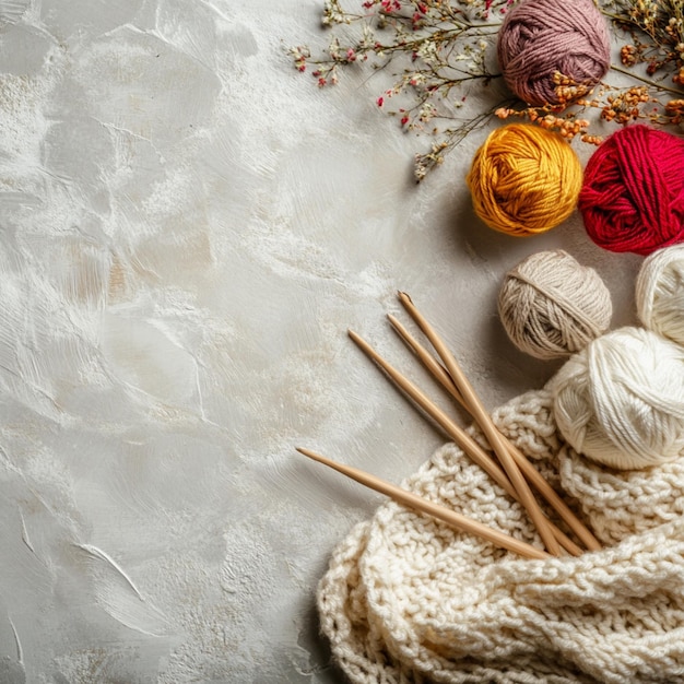 Photo a handicraft background features knitting needles paired with colorful wool yarn