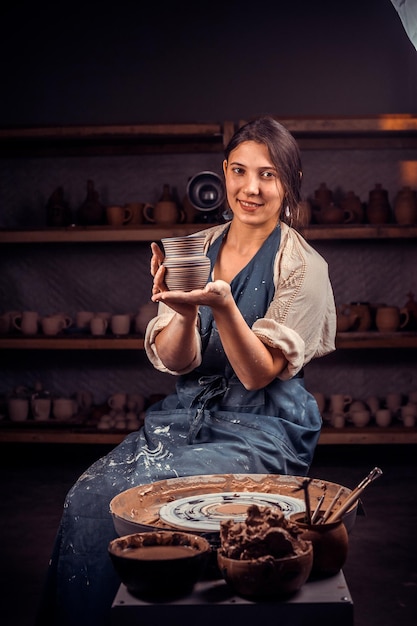 Handicraftsman demonstrates the finished clay product in workshop Handicraft production