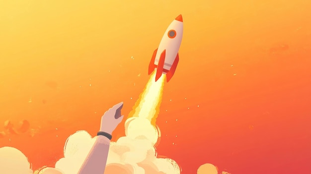 HandLaunching Rocket Illustration Metaphor for Innovation and Growth