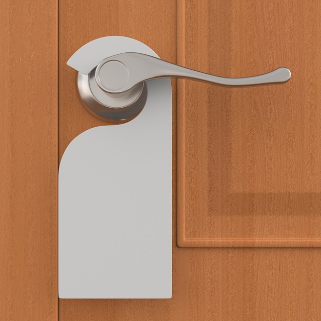 Handle with label and wooden door 3D illustration