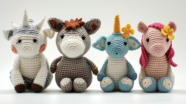 Photo handmade amigurumi crochet unicorn deer elephant pig toys on white background