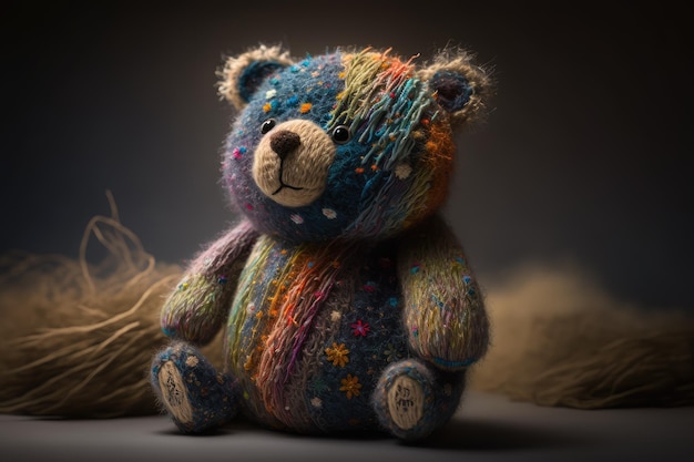 Handmade bear doll constructed of delicate and colorful yarns