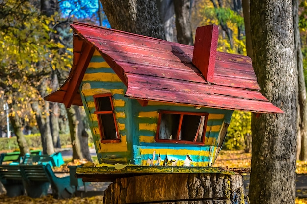 Handmade birdhouse painted in bright colors standing on a stump in the central Vinnitsa park