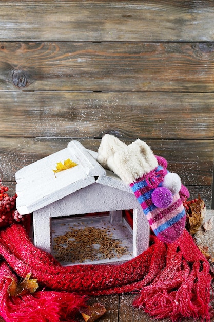 Handmade birdhouse in winter