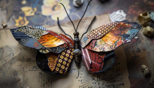 Handmade butterfly art created from patterned paper and metal on vintage background