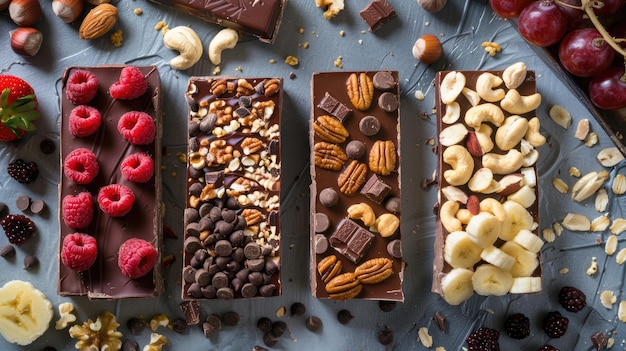 Photo handmade chocolate bars with a variety of dried fruit and nut toppings